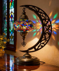 Turkish Moon Shaped Mosaic Table Lamp With Stained Glass Shade, Handmade Boho Vintage Desk Light on wooden table