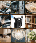 High Power Electric Air Duster for Keyboard and Laptop Cleanup 110000 RPM Blower in use on various items like keyboards, shelves, and gadgets.