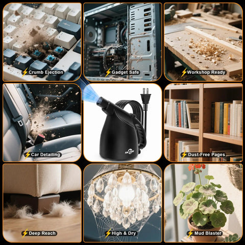 High Power Electric Air Duster for Keyboard and Laptop Cleanup 110000 RPM Blower in use on various items like keyboards, shelves, and gadgets.