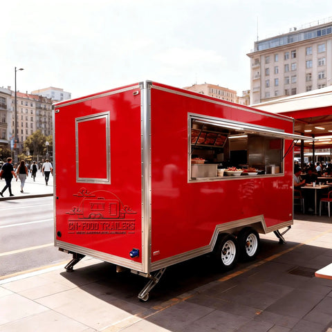 Turnkey Commercial Food Truck Trailer Ready To Roll Fully Loaded Mobile Kitchen Setup with red exterior and large service window for street vending.