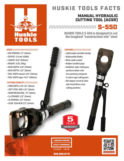 Manual Hydraulic Cutter For ACSR Copper Aluminum Up To 50mm Capacity 2 Inch Husky Tools S-550 with features highlighted.