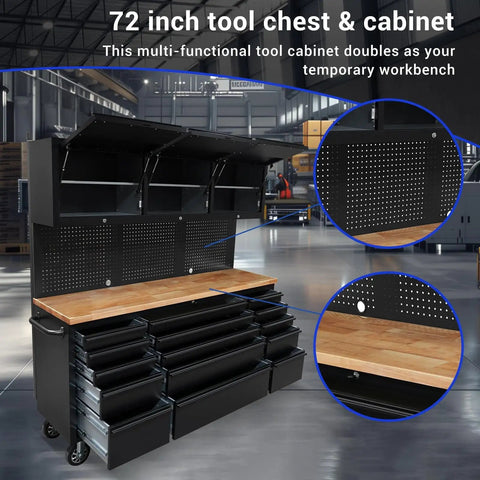 72 Inch Rolling Tool Chest With 3 Upper Cabinets And 15 Drawers, Pegboard, Large Mobile Toolbox On Wheels