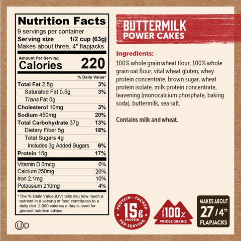 Protein Pancake Power Cakes Buttermilk Mix Pack Of 6 Non GMO Flapjack And Waffle Mix with nutritional information.