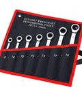 Seven-piece ratchet wrench set in case showcasing 8-19mm sizes with professional tools labeled, ideal for auto repair.