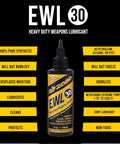 Bottle of EWL30 Heavy Duty Weapons Lubricant with feature highlights on black background
