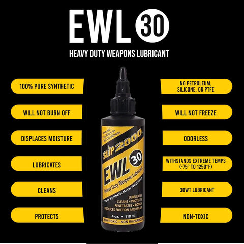 Bottle of EWL30 Heavy Duty Weapons Lubricant with feature highlights on black background