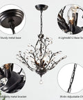 18 Inch Black Crystal Chandelier With 4 Lights, Vintage Branch Pendant Light Fixture, showing features and adjustable chain.