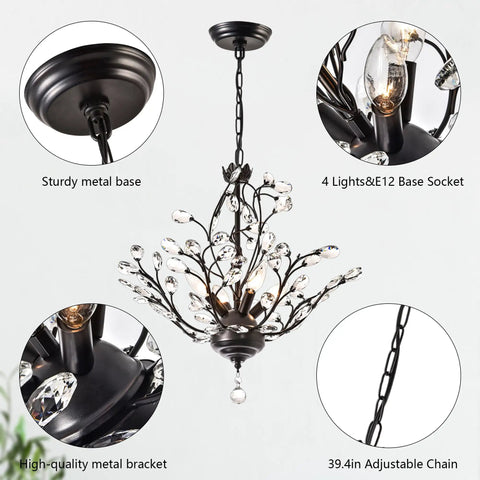 18 Inch Black Crystal Chandelier With 4 Lights, Vintage Branch Pendant Light Fixture, showing features and adjustable chain.