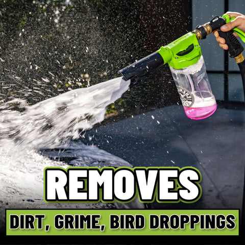 Foam Blaster 6 Car Wash Gun And Chenille Microfiber Wash Mitt Kit spraying suds from garden hose on vehicle.