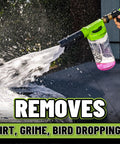 Torq Foam Blaster 6 Foam Cannon Garden Hose Attachment spraying thick suds for car wash, removing dirt and grime.