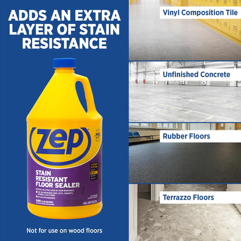 Tough As Nails Stain Resistant Floor Sealer Case Of Two One Gallon Containers shown on a blue background with various floor types.