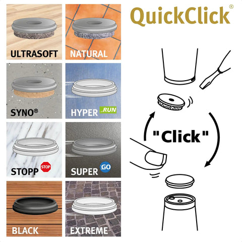Illustration of QuickClick Furniture Glide Base Set For Chairs And Home Decor with various glide inserts and snap-in diagram.