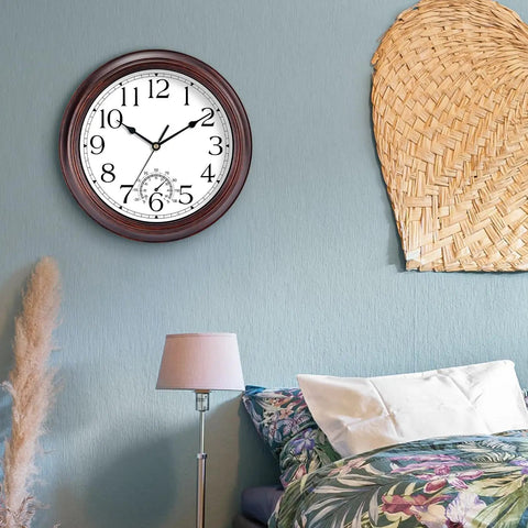 Vintage Bronze 8.5 Inch Outdoor Wall Clock With Thermometer Silent Battery Operated Retro Vibes Non Tick Clock in bedroom decor