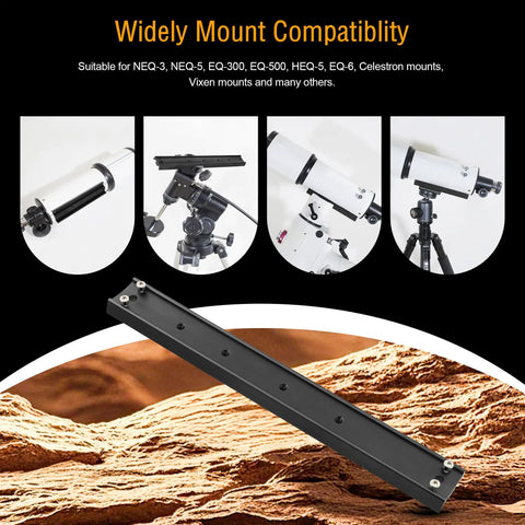 33cm GP Prism Rail For Telescopes With Quick Attach on display showing universal use with various mounts.