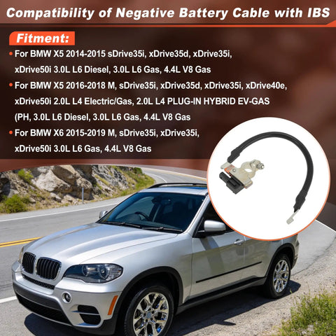 Heavy Duty Battery Negative Cable With Ibs Sensor For BMW X5 2014 to 2018 shown attached to a vehicle with road background.