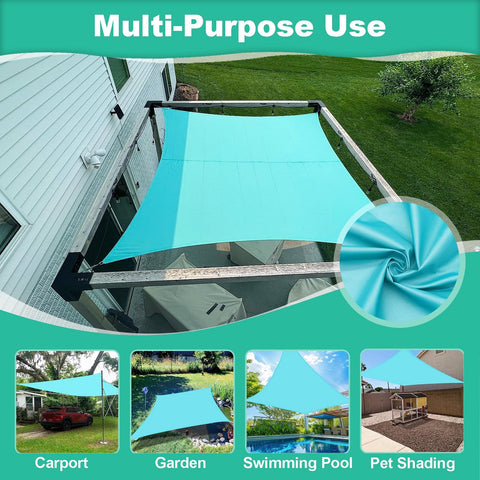Lake Blue 9 Foot 9 Inch By 9 Foot 9 Inch UV Blocking Waterproof Shade Sail Rectangle Awning on patio with text overlays