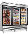 Heavy Duty Three Door Glass Display Freezer Keeps Your Store Inventory Chill No Sweat With Auto Defrost Digital Temperature Control Stainless Steel upright merchandiser cooler, filled with various frozen meats and vegetables.