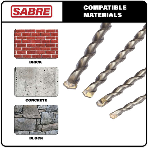 Sabre 4-piece 12-inch SDS-Plus drill bit set, carbide tipped for brick, concrete and stone (5/8", 3/4", 7/8", 1").