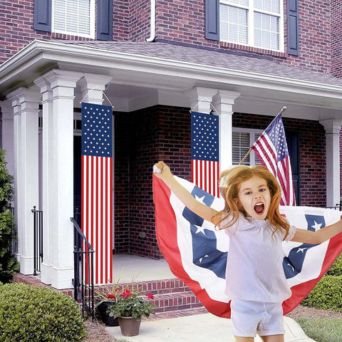 Patriotic Outdoor American Flag Banners Set Of Two For Fourth Of July Independence Day And Memorial Day displayed on porch