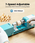 Heavy Duty Mini Lathe Machine 96W DC 12-24V Wood Working Tool 4000-9000 RPM in use with wooden bead, hand gripping tool.