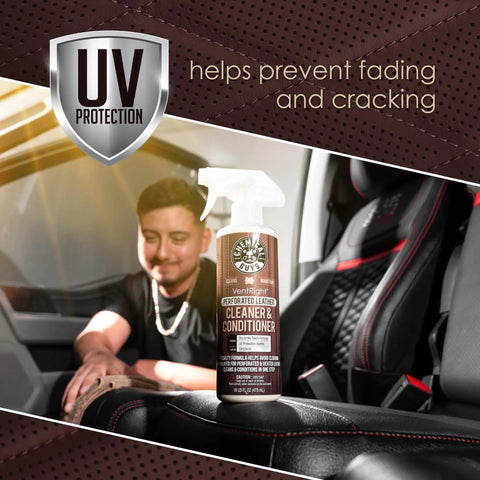 VentRight Perforated Leather Cleaner And Conditioner For Car Seats And Interior Surfaces, Easy Spray, 16 Oz bottle on seat