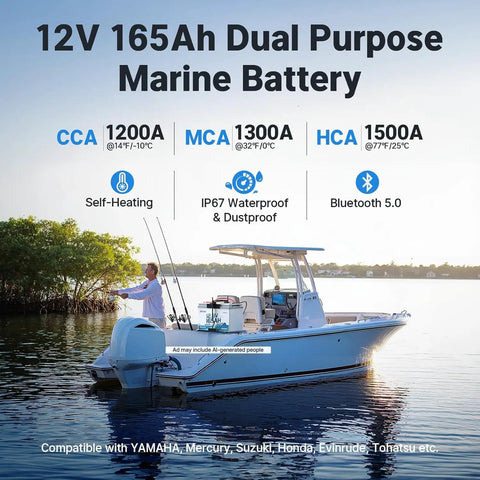 Heavy Hitter 12 Volt 165 Ah Lithium Starting Battery For Marine Boats And Trolling Motors Featuring Game Changing Dual Purpose Operation And Rock Solid Durability on a boat in water.