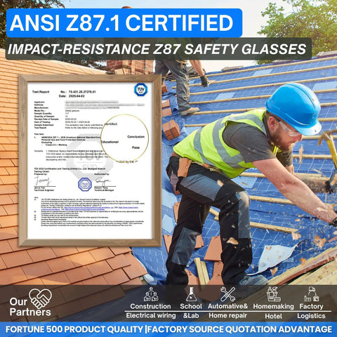 Heavy Duty Clear Safety Glasses 72 Pack Loaded With 72 Silicone Ear Plugs NRR 25DB ANSI Z87 1 Certified, certified test report shown.