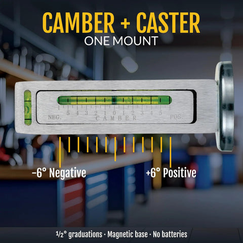 Garage Ready Camber Caster Gauge With Heavy Duty Magnetic Mount Plus Six To Minus Six Degree Range Precision Wheel Alignment Tool showing level and measurement.