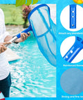 Person using skimmer net from Pro Pool Cleaning Kit With Aluminum Adjustable Pole, 3 Skimmer Nets And 3 Rotating Brushes For Above Ground Pools