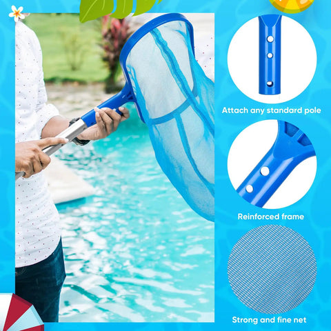 Person using skimmer net from Pro Pool Cleaning Kit With Aluminum Adjustable Pole, 3 Skimmer Nets And 3 Rotating Brushes For Above Ground Pools