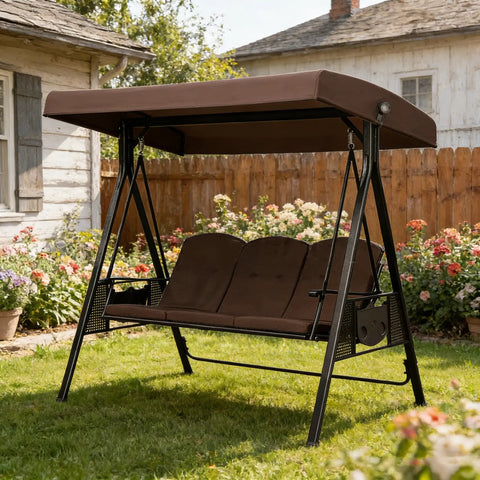 Universal 3 Seat Patio Swing Canopy Top Replacement Cover 75-Inch By 47-Inch All-Weather Waterproof Outdoor Shade For Porch Garden Backyard Red Top Only Weatherproof UV Resistant Easy Fit Durable Patio Swing Accessory on a garden swing