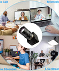Image of a 5-50mm Varifocal Lens Webcam With Full HD 1080P, 120fps High Speed USB Camera, showing various uses like video calls and live streaming.