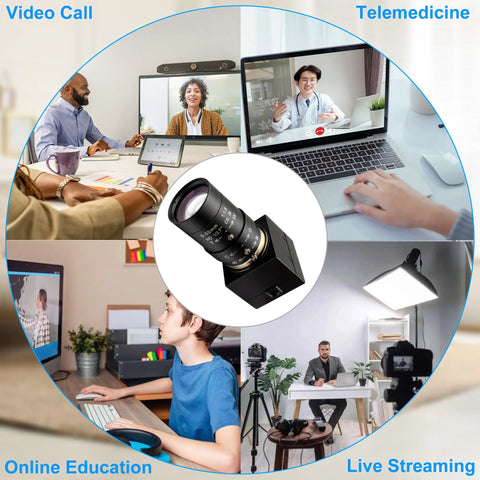 Image of a 5-50mm Varifocal Lens Webcam With Full HD 1080P, 120fps High Speed USB Camera, showing various uses like video calls and live streaming.