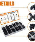 190Pcs Rubber Grommet Assortment Kit With 9 Sizes Eyelet Ring Gasket, case open showing black grommets in various sizes.