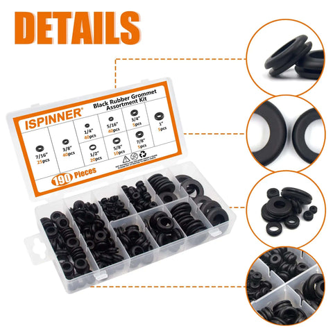 190Pcs Rubber Grommet Assortment Kit With 9 Sizes Eyelet Ring Gasket, case open showing black grommets in various sizes.