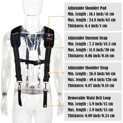 All Day Comfort 2.5 Inch Tool Belt Suspenders Set For Men Featuring EVA Padding And Breathable Neoprene Lining Six Piece Set displayed on mannequin