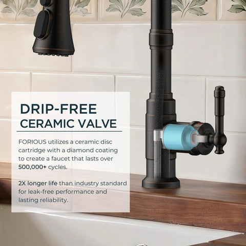 Vintage Kitchen Sink Faucet With Pull Down Sprayer And Single Handle, showcasing drip-free ceramic valve for reliability.