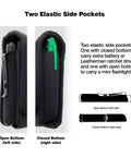 Two elastic side pockets on the Magnetic Tool Sheath For Leatherman with open and closed bottom views, black nylon.