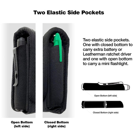 Two elastic side pockets on the Magnetic Tool Sheath For Leatherman with open and closed bottom views, black nylon.