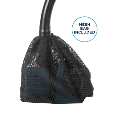 Alpine PEG3000 submersible pond pump with black mesh bag included (front view)