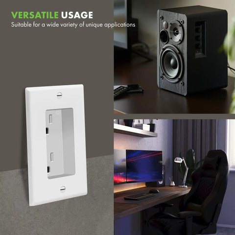 Recessed Duplex Outlet Kit for wall mount next to AV gear and home office setup, 15A 125V 1 gang white finish, ideal for clean wall setups.