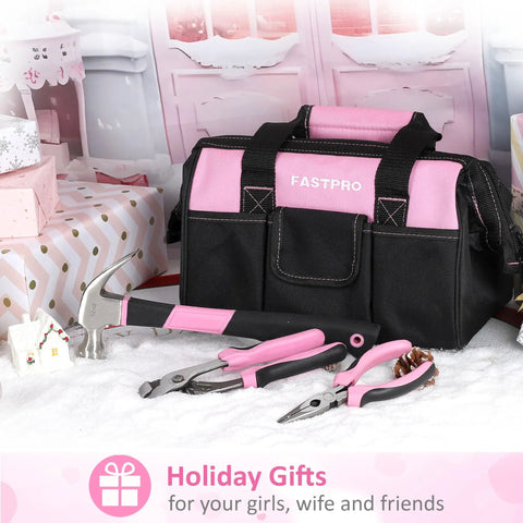 Pink Tool Set For Women 220 Piece Home Repair Kit With Durable Forged Steel Pliers And 12 Inch Wide Mouth Open Storage Tool Bag