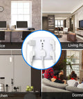 Six Outlet Wall Tap Extender With Surge Protector 900J used in different rooms: office, living room, kitchen, dormitory.