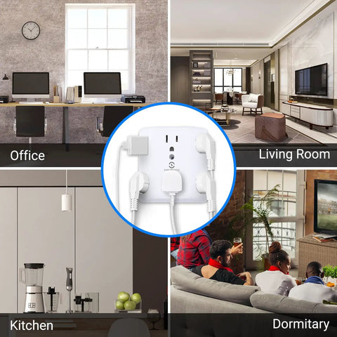 Six Outlet Wall Tap Extender With Surge Protector 900J used in different rooms: office, living room, kitchen, dormitory.