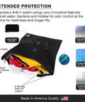 Antimicrobial Wet Gym Clothes Bag With Silver Ion Odor Control Waterproof And Stain Resistant Duffle open with shoes and towel