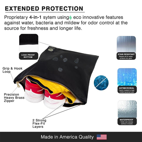 Antimicrobial Wet Gym Clothes Bag With Silver Ion Odor Control Waterproof And Stain Resistant Duffle open with shoes and towel
