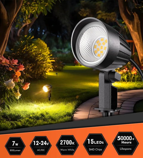 Low Voltage 7W Outdoor Landscape Lights With Connectors, 2700K Warm White IP66 Waterproof Spotlights For Garden, Driveway, Yard And Lawn, Easy Install, 800 Lm, Wide Coverage Up To 8M, 1 Pack