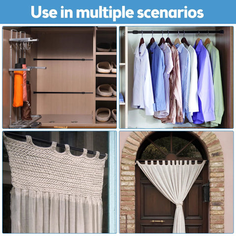 Collage showing Four Pack Sliding Door Security Bars With Rubber Tips Extendable Tension Rods Adjustable From 15.7 To 27.6 Inches Black used in closets and window applications.