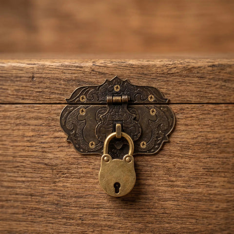 Antique Style Jewelry Box Hardware Kit with hinges and padlock latch on wooden chest, classic European zinc alloy design.
