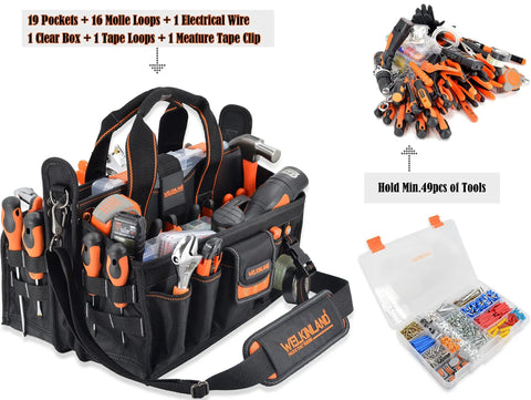 Heavy Duty 19 Pocket Tool Tote For HVAC Technicians And Electricians, Rugged Organizer Bag With Socket Pockets, Clear Box, MOLLE Loops